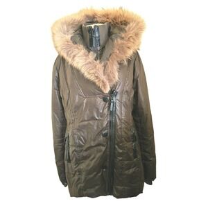 ATELIER NOIR Deep Olive Quilted Down Puffer Coat Fur Hood Zip Front Women's XXL